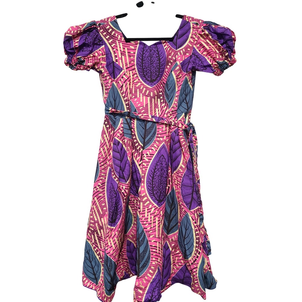African Wax Print Leaf Dress Pink Purple Puff Sleeve Fit Flare Pockets Small